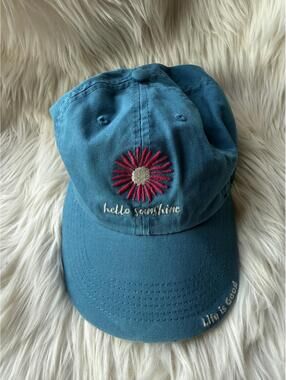 Life is Good Blue Baseball Cap with Embroidered Flower and Text